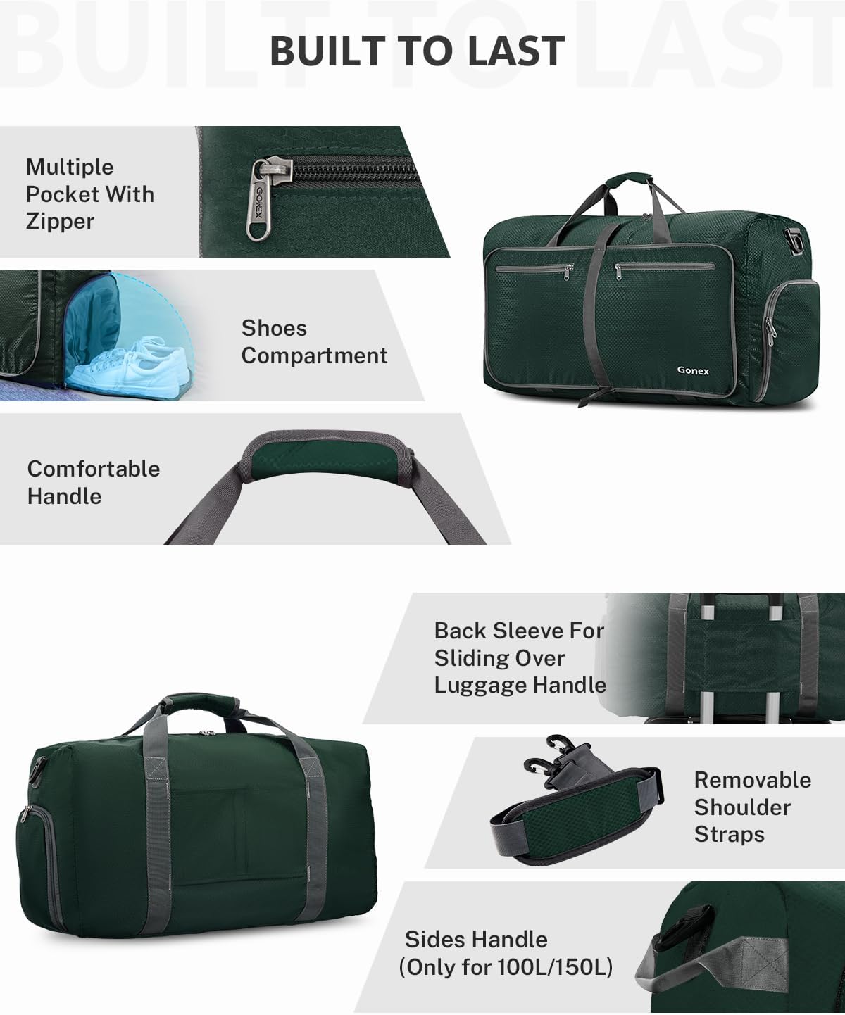 Gonex 40L 60L 80L 100L 150L Large Foldable Travel Duffle Bag with Shoes Compartment, Packable