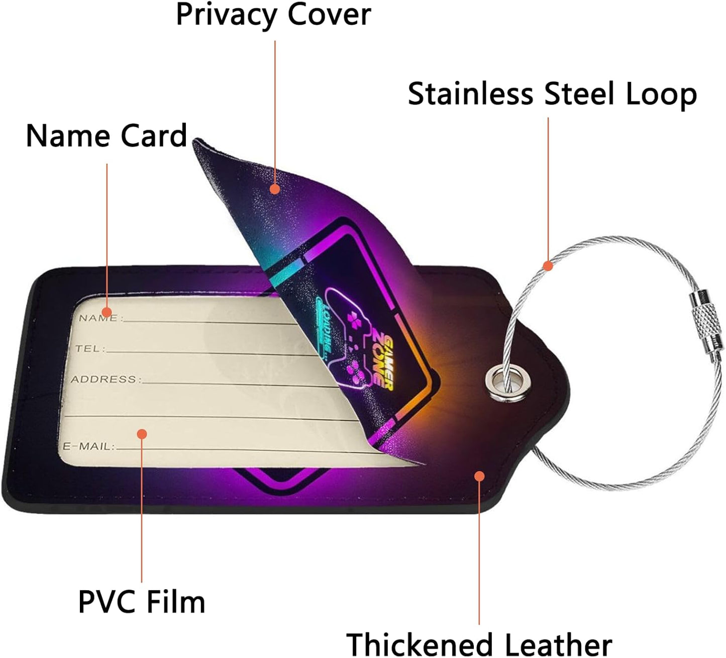 2 Pack Luggage Tags for Suitcase, Privacy Cover ID Label with Stainless Steel and Address Card for Travel Bag Backpack Cruise Ship Essentials Tag Men Boys - Neon Gamer Zone