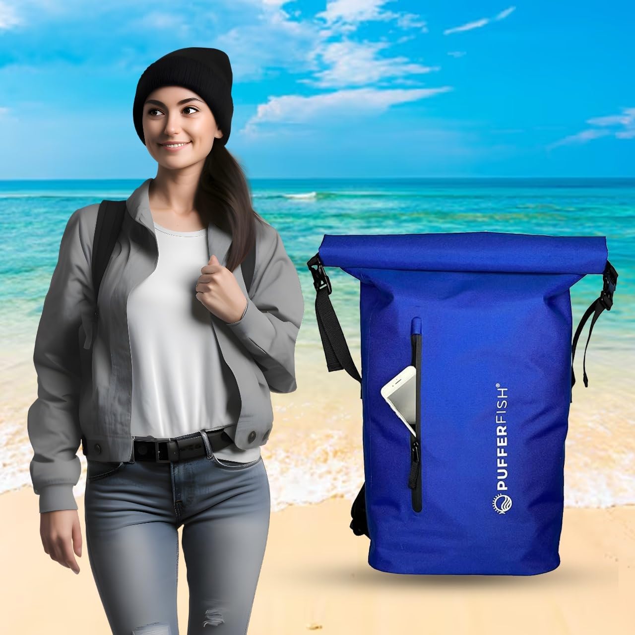 PUFFERFISH Super Sand Bag - Waterproof Roll-Top Beach Backpack, Padded Back and Straps, Multiple Pockets, Recycled Plastic, 35L, Blue