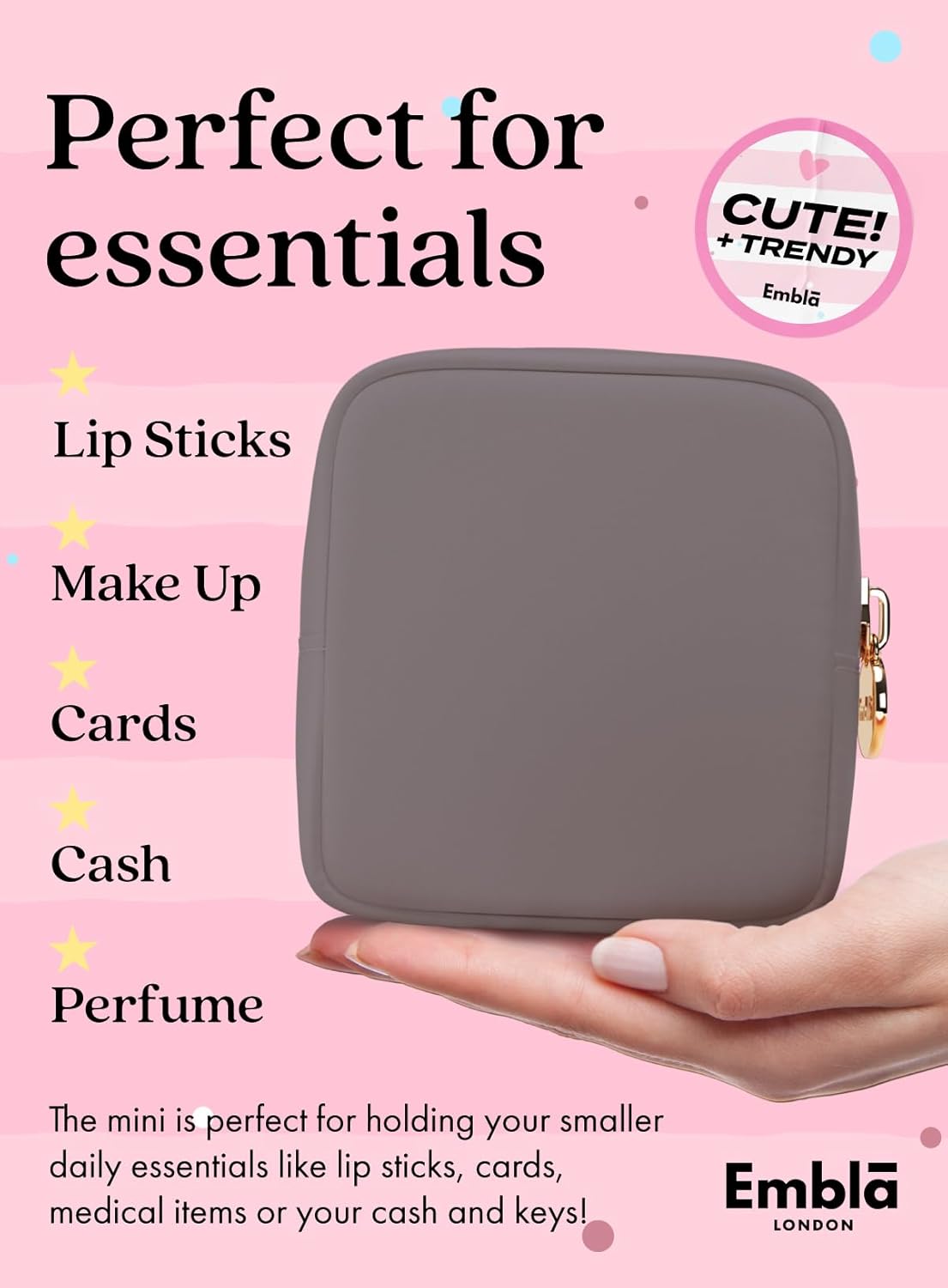 Embla Makeup Bag Travel Cosmetics Pouch and Toiletry Bag, Nylon Zipper Pouch Purse, Cute Make Up Organizer Storage Tote for Women Girls, Waterproof Travel Skincare Case, Small Makeup Bags, Grey