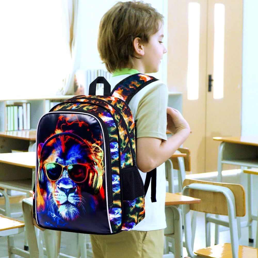 3PCS Boys Lion Bookbag, Water Resistant Kids Backpack with Lunch Box, 17" School Bag Set for Teenagers Middle Elementary - Sunglasses Lion