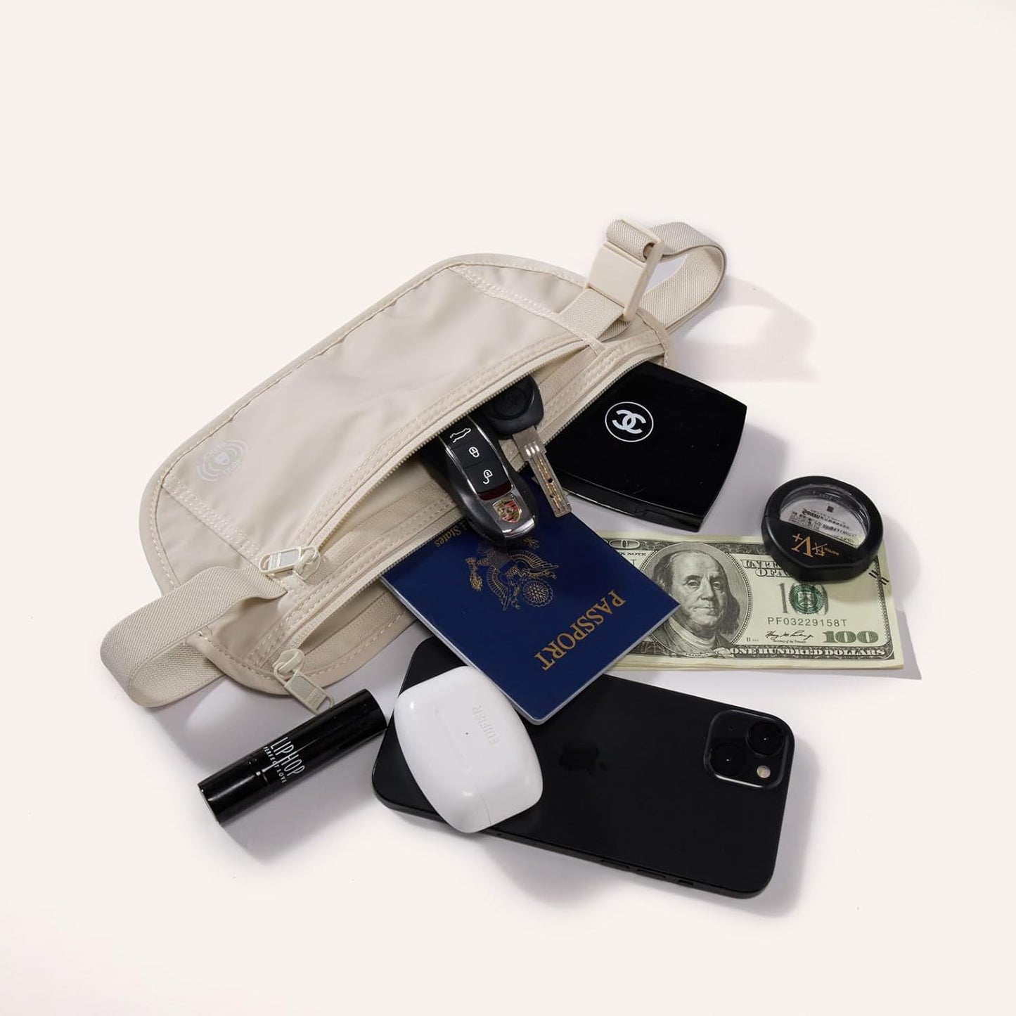 Pander RFID Blocking Travel Money Belt – Hidden Waist Pouch for Passport, Cash, Cards, Slim Belt Bag for Men and Women, White Beige