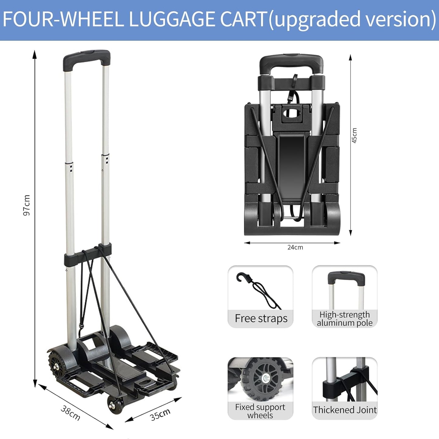 Small Folding Hand Truck Dolly with 4 Wheels,Portable Dolly Lightweight Aluminum Collapsible Luggage Cart,Design for Travel, Shopping, Moving, Office, Airport, Warehouse Use - Black
