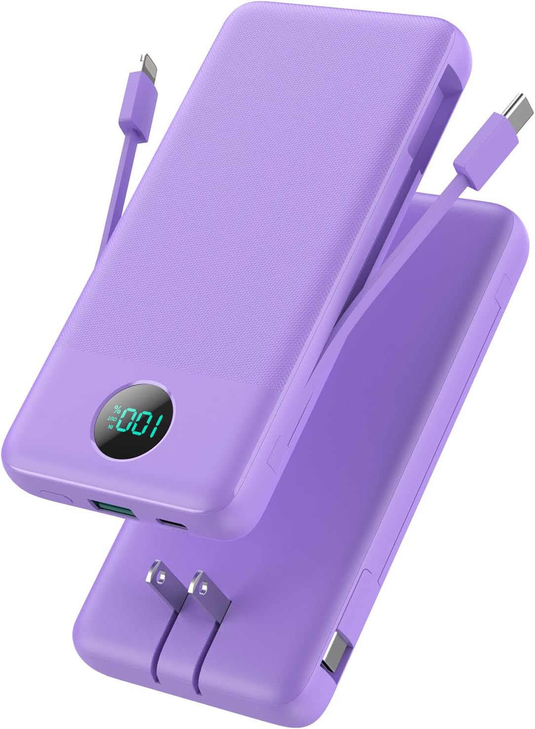 Portable Charger 13800mAh Slim USB C Power Bank with Built in Cables and Wall Plug,LCD Display Lightweight Travel Battery Pack,PD Fast Charging Compatible with iPhone 17,16,15,Samsung Android-Purple