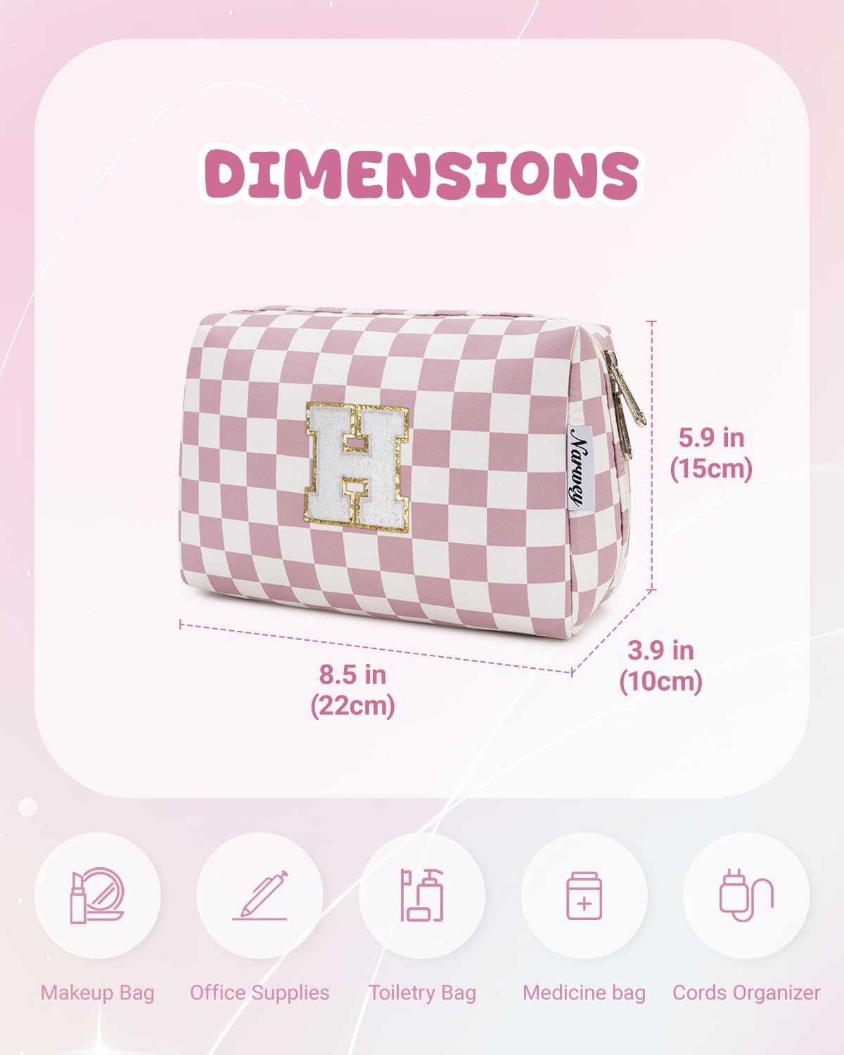 Narwey Birthday Gifts for Teen Girls Kids Women Personalized Initial Checkered Makeup Bag Pink Monogram Cosmetic Bag Trendy Stuff 6 8 10 11 12 13 14 16 18 Years Old Travel Toiletry Bag (Dusty Rose H)