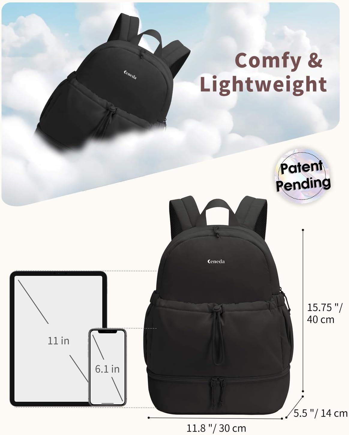 Ceneda Gym Backpack for Women, Lightweight Puffer Backpack with Shoe Compartment, Wet Pocket & Tumbler Strap, Cute Daypack for Fitness, Daily Use & Travel (Black)