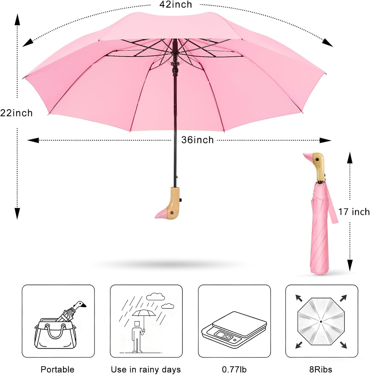 LEAGERA Cute Duck Head Umbrella - Auto Open & Manual Close Easy Folding Portable Lightweight Umbrella for Rain Wood Handle Duck Gifts