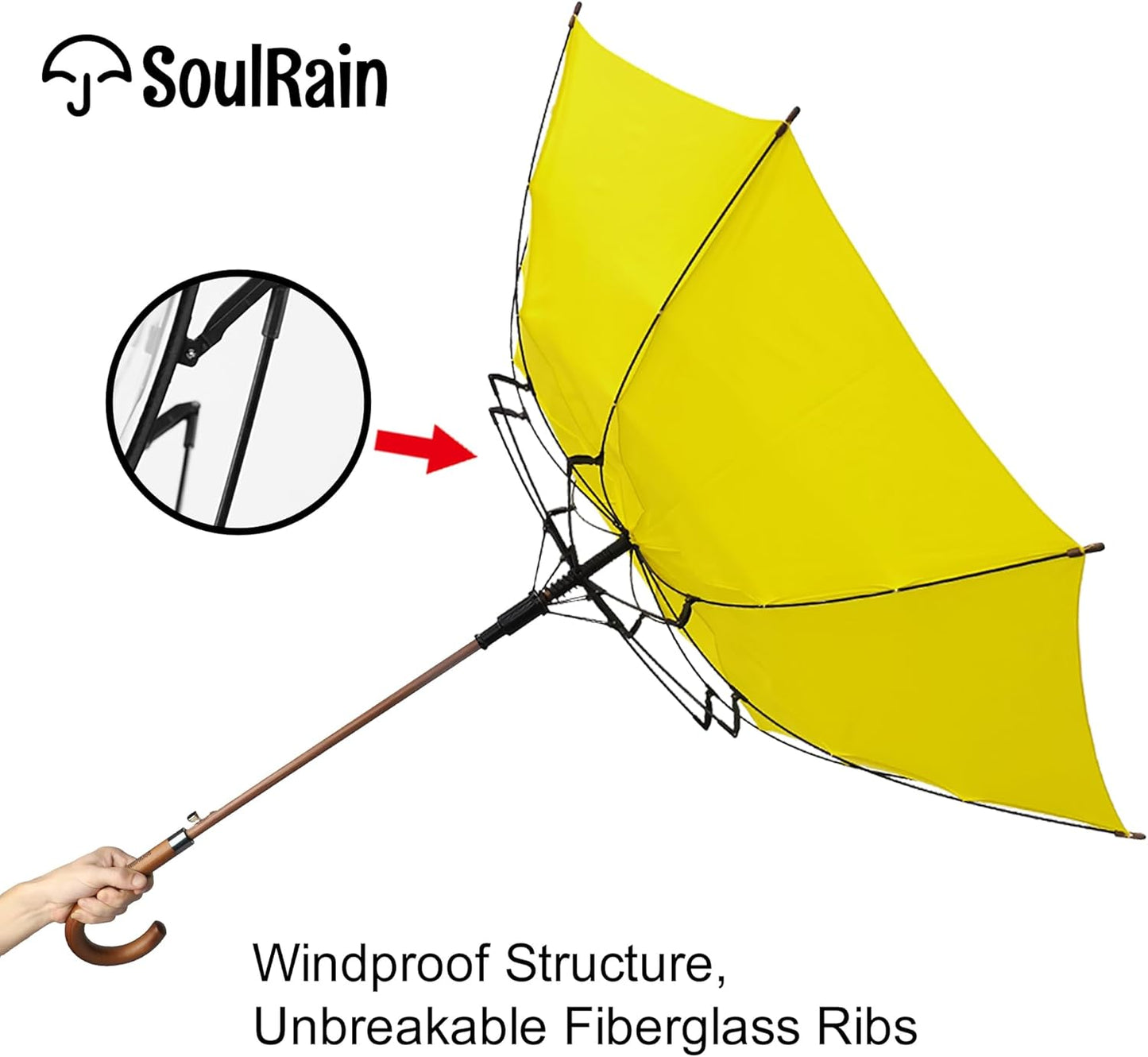 SoulRain 48" Large Umbrella –Windproof Stick Umbrellas for Rain, Automatic Open, Vintage Cane Yellow Umbrella with Classic Wooden Handle & Shaft,Open for 2 Persons for Women & Men(Yellow)