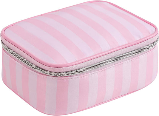 uekeboag Pink Stripe Nylon Travel Makeup Organizer Bag,Top Open Large Capacity Cosmetic Bags,Toiletries Accessories Coquette Bag for Women Girls(04Simple Top Open)