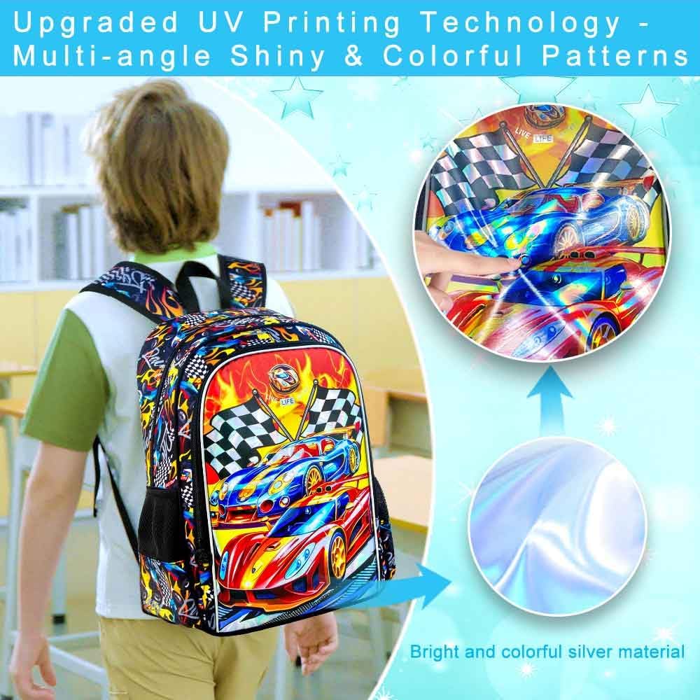 3PCS Car Backpack for Boys, Water Resistant Kids Bookbag Set with Lunch Box, Cute School Bag for Preschool Toddler
