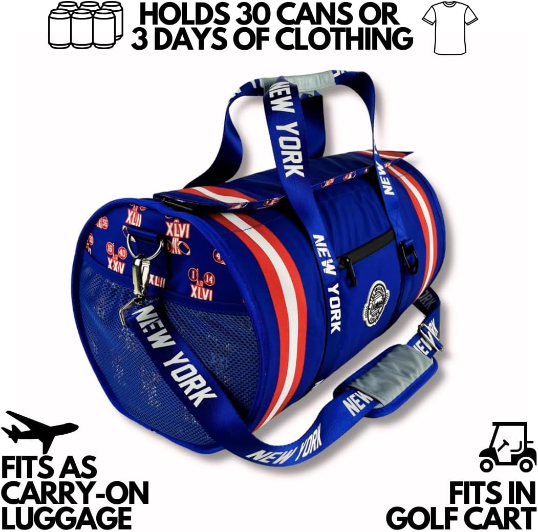 Varsity Cooler New York Travel Party Duffel & Cooler – 30 Can Leakproof Insulated Tote Bag, Waterproof Soft compartment for Tailgating, Golf, Beach, Carry-On Luggage & Outdoor Sports