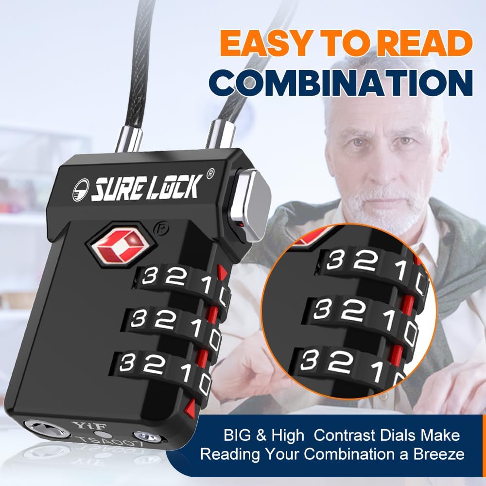 SURE LOCK TSA Approved 3-Digit Combination Luggage Locks – Open Alert Indicator, Re-settable Code