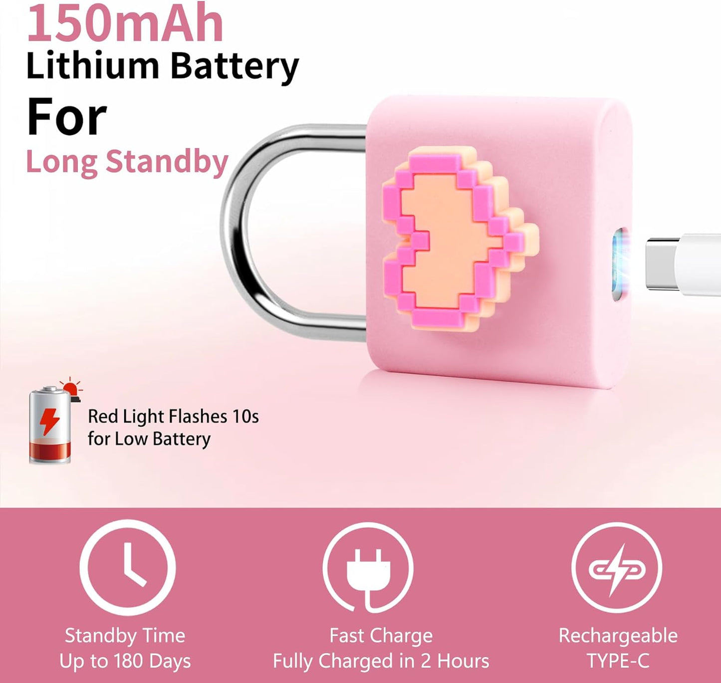 UMIKSMART Smart Fingerprint Lock, Combination Keyless Padlock with USB Charging, Waterproof for Bike, School Locker, Gym, Luggage, Storage, Sweet Pink Set
