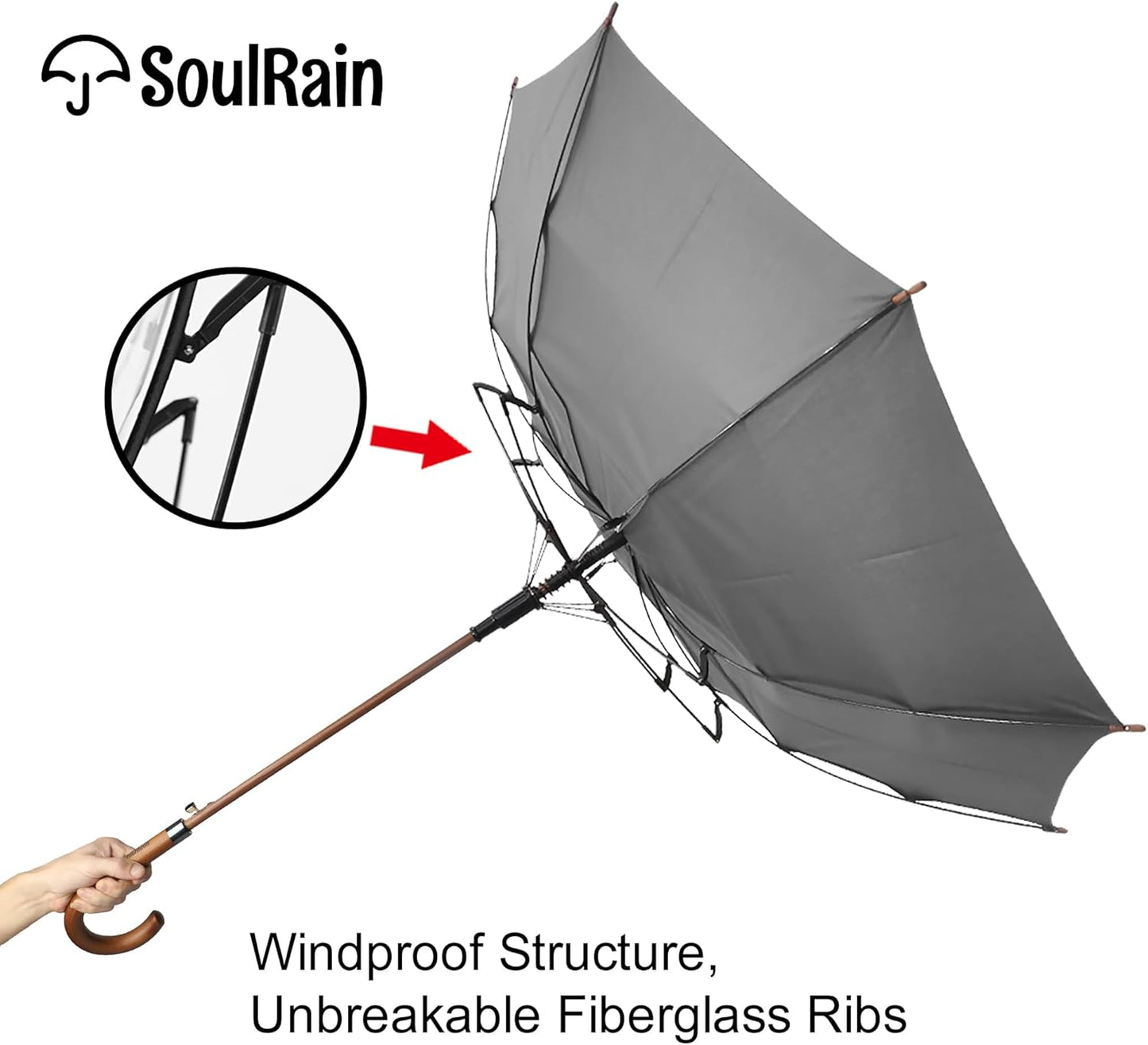 SoulRain 48" Large Umbrella –Windproof Stick Umbrellas for Rain, Automatic Open, Vintage Cane Grey big Umbrella with Classic Wooden Handle,Open for 2 Persons adult,for Women & Men(Grey)