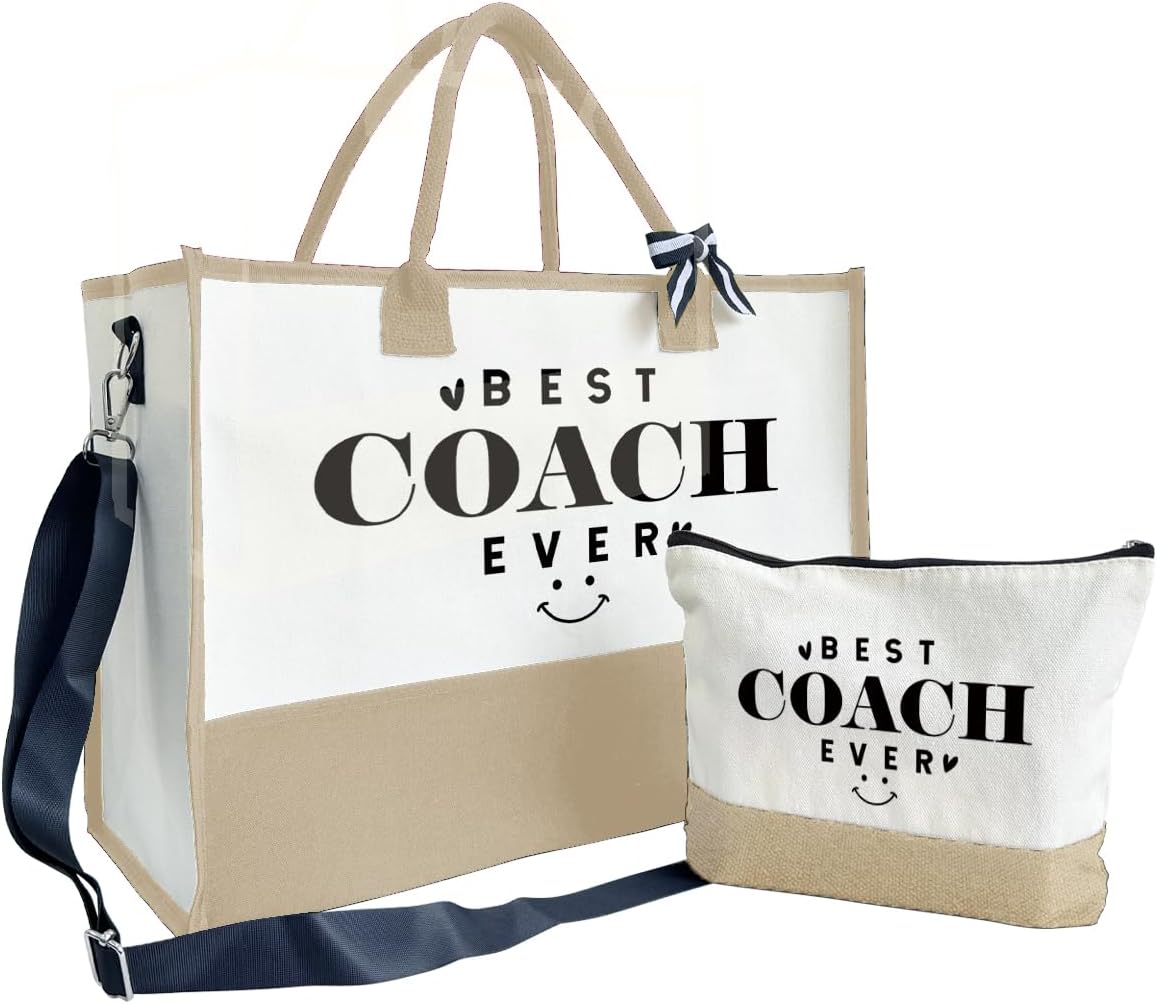 SUSZDOU Gifts for Best Coach Ever - Canvas Beach Tote Bag with Matching Makeup Pouch, Durable Travel Gym Camping Bag, Thank You Gift for Sports Coach, Female Trainers Gifts for Women F1