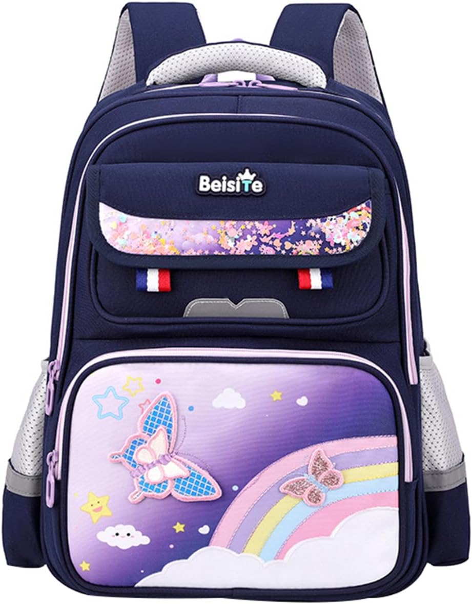 JiaYou Unisex Child Backpack Multi Layer Primary School Daypack with Detachable waist belt(Blue Purple,21 Liters)