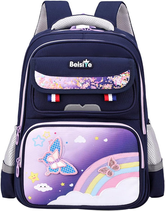JiaYou Unisex Child Backpack Multi Layer Primary School Daypack with Detachable waist belt(Blue Purple,21 Liters)
