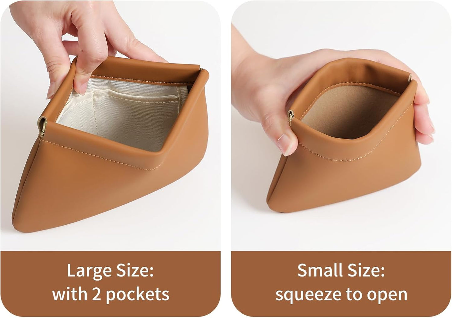 2 Pack Small Makeup Bag for Women, New Organosilicon Super Fiber Leather Mini Cosmetic Bag for Travel, Coin Purse Organizer Storage Pouch (Brown)