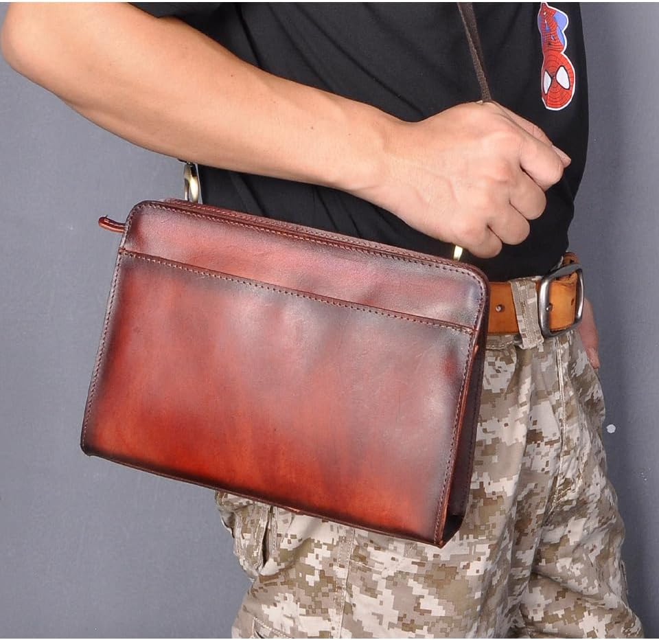 Vintage Crazy Horse Leather Business Briefcase - Under Arm Clutch Bag with Tablet Case & Organizer