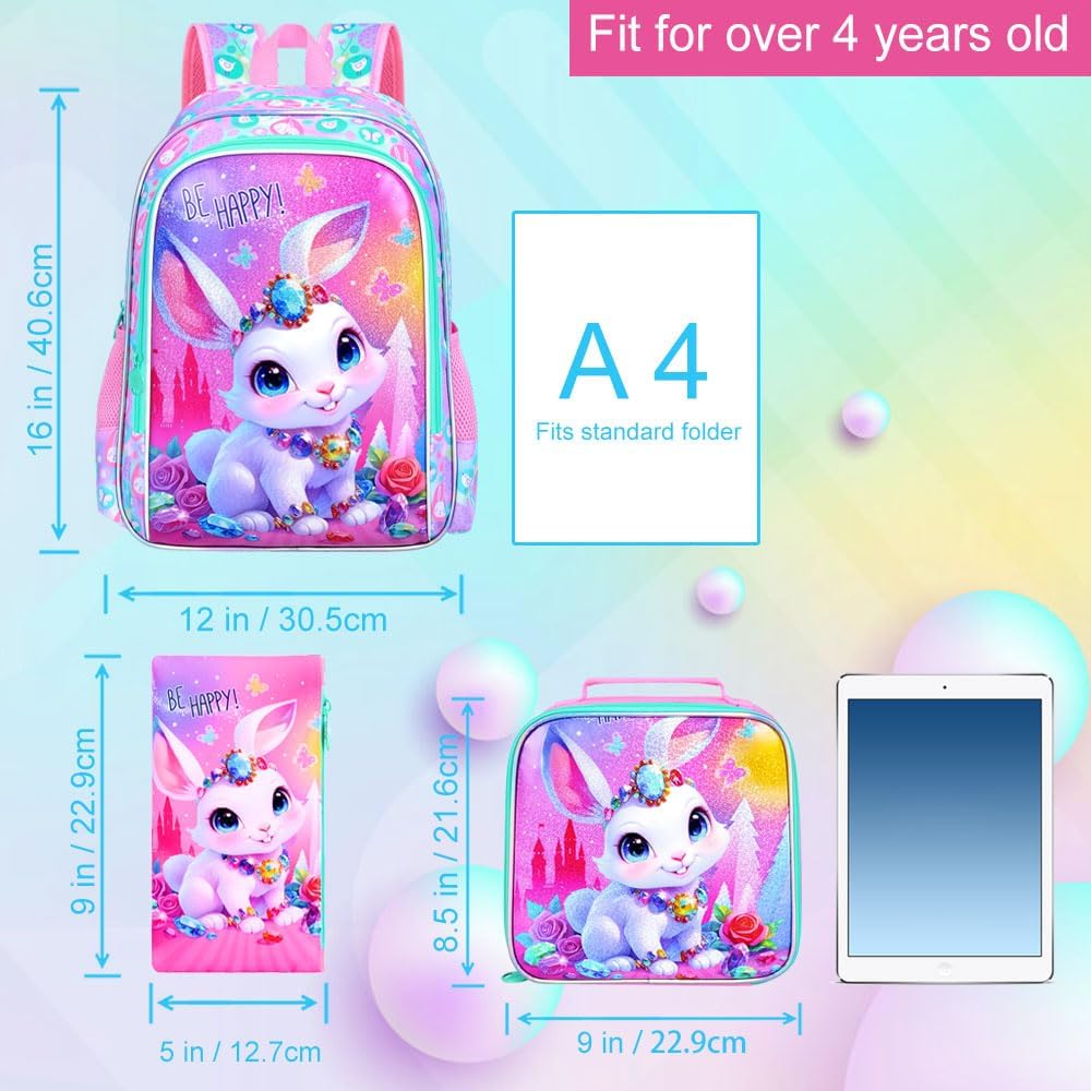 3Pcs Girls Backpack, 16" Bunny Kids Bookbag with Lunch Box，School Backpacks for Elementary