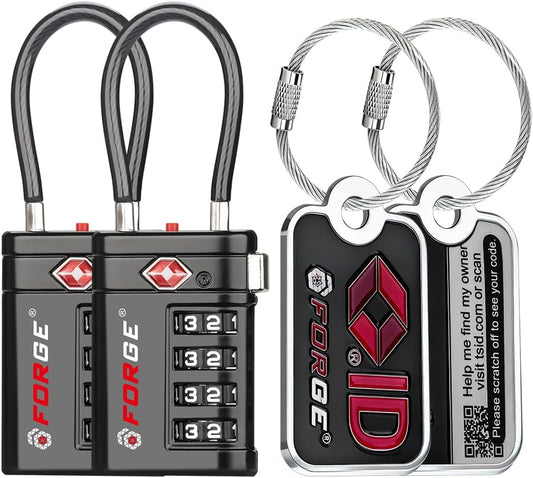 Forge TSA Approved Luggage Locks 4 Digit Combination TSA Travel Locks with TSA008, Open Alert Indicator, Zinc Alloy Body for Luggage, Suitcase, Backpack, and More. 2 Black Locks and 2 TSID.