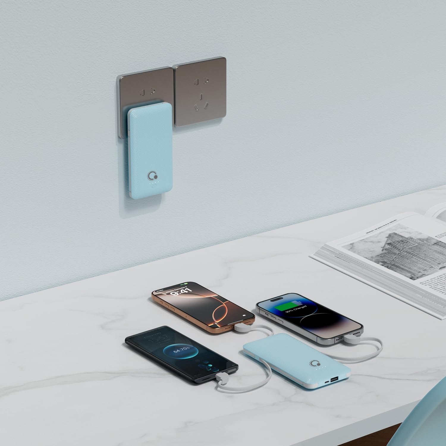 Q 10000mAh Power Bank, Slim Portable Charger,4 Output External Battery Pack with Built-in AC Wall