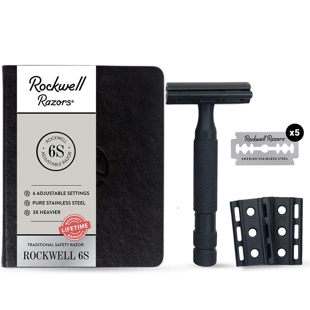 Rockwell Razors 6S Black Stainless Steel Safety Razor. Adjustable Single Blade Razor With 6 Shave Settings and 5 Recyclable Blades. Custom Shaves For Men and Women. Reduces Razor Burn and Irritation.