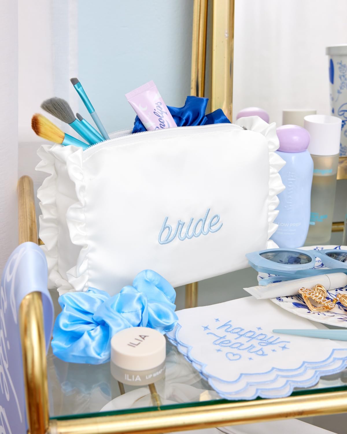 xo, Fetti White Satin Bride Cosmetic Bag | Bachelorette Party Decorations, Bride To Be Purse
