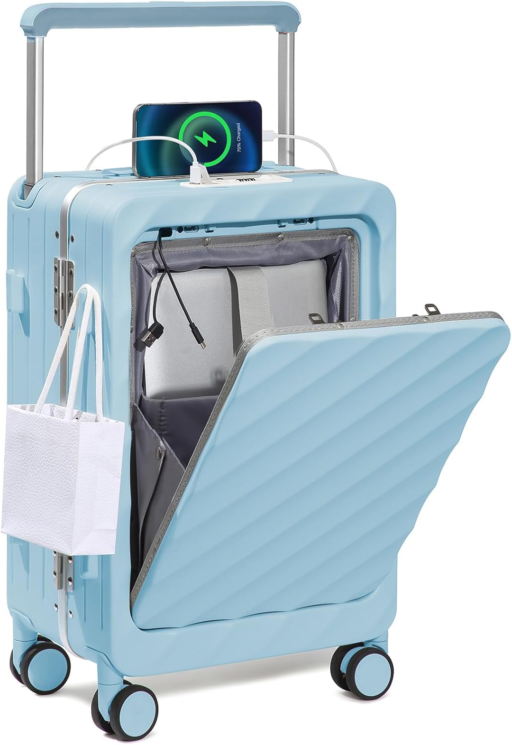 Somago Carry On Luggage Wide Handle 20 Inch Suitcase with Front Compartment Aluminum Framed PC Hardside 22x14x9 No Zipper Business Baggage with Spinner Wheels USB Charging Port TSA Lock (Light Blue)