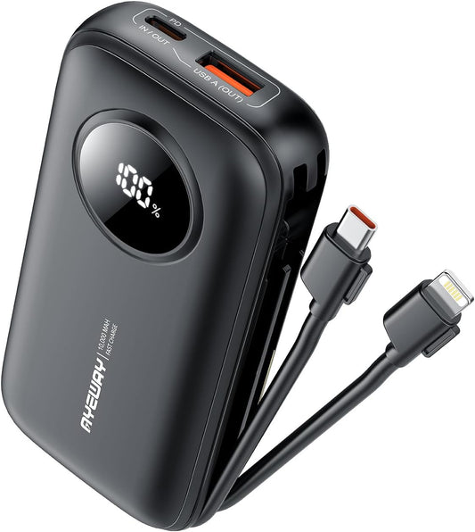 AYEWAY 10,000mAh Mini Portable Charger with Built-in Cable,USB C Fast Charging Power Bank with 4 outputs,External Battery Pack Phone Charger for iPhone,Samsung,Android,5V USB Heated Vest,Heated Jacket