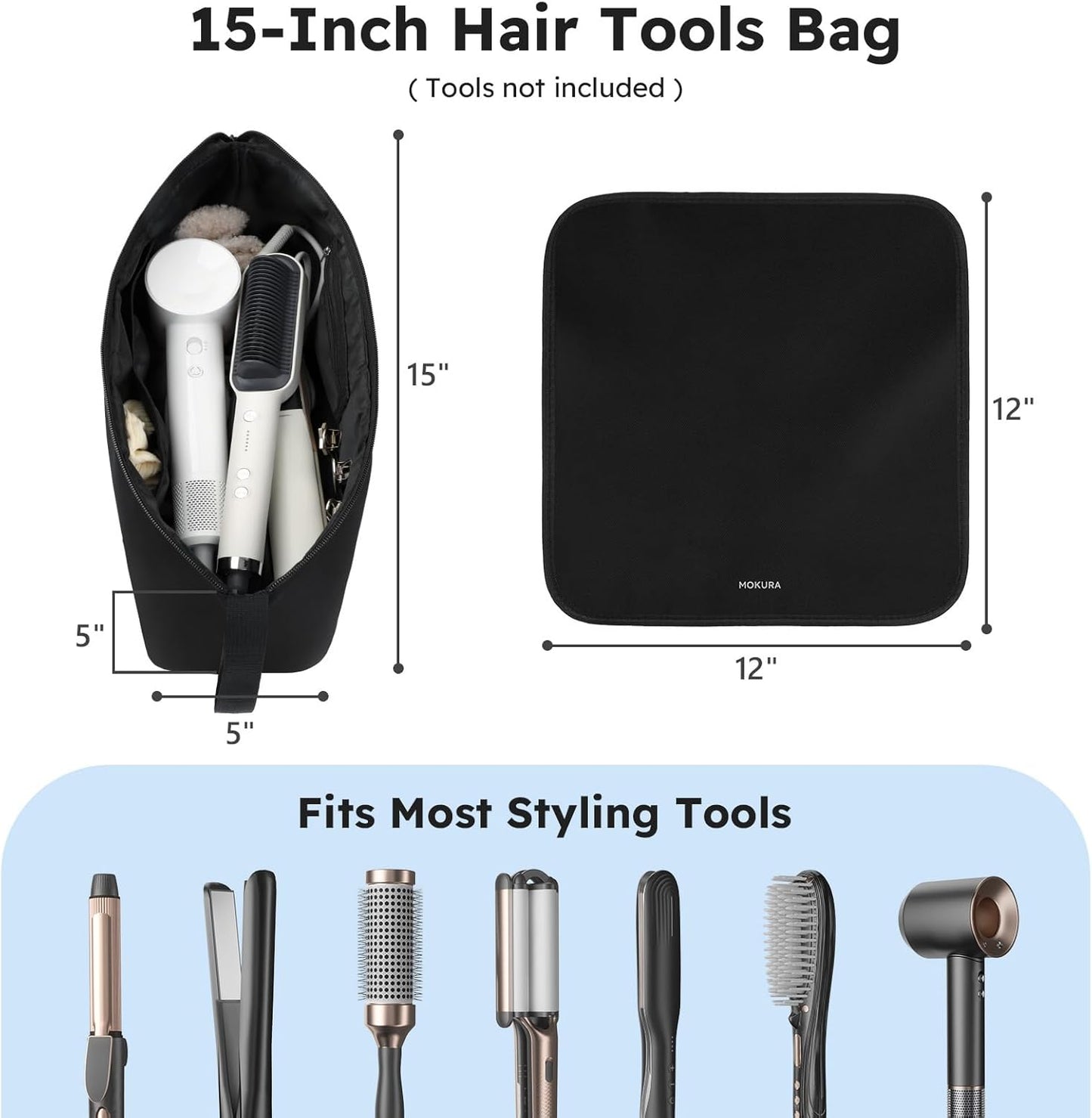 MOKURA Hot Hair Tools Travel Bag with Heat Resistant Mat Removable, Hair Accessories Organizer Case, Women Travel Essentials, Storage Pouch for Curling Iron Straightener Flat Iron Hair Dryer, Black