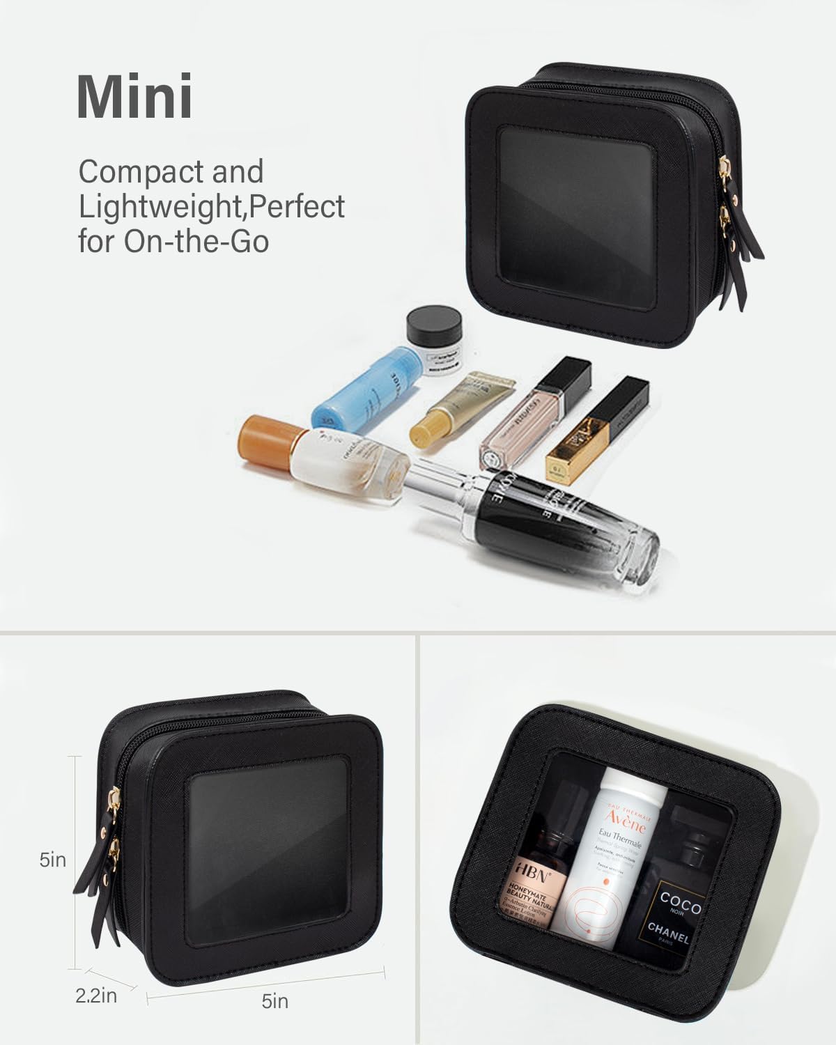 Clear Makeup Bag Set for Women Portable Clear Makeup Bag Cute Waterproof Travel Cosmetic Bag Travel Essentials Car Accessories for Women Men(Black, Standard + Mini)