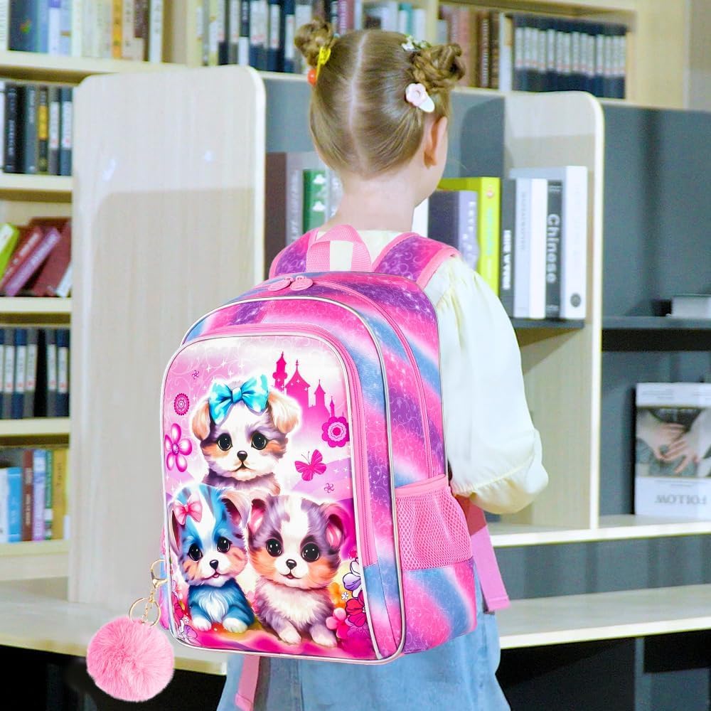 gxtvo 3PCS Girls Dog Bookbag, 16" Kids Backpackwith Lunch Box, Water Resistant School Bag for