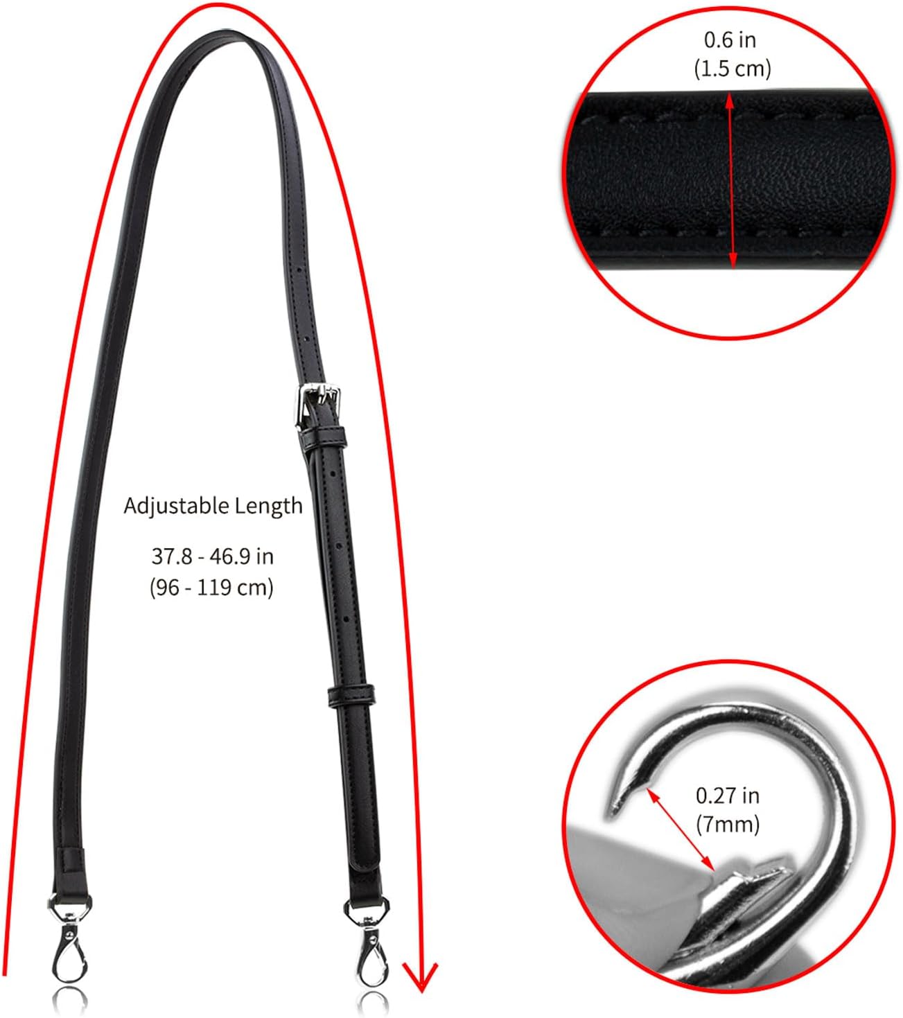 Allzedream Leather Purse Strap Replacement Crossbody Handbag Long Adjustable (Black, Silver Hardware)