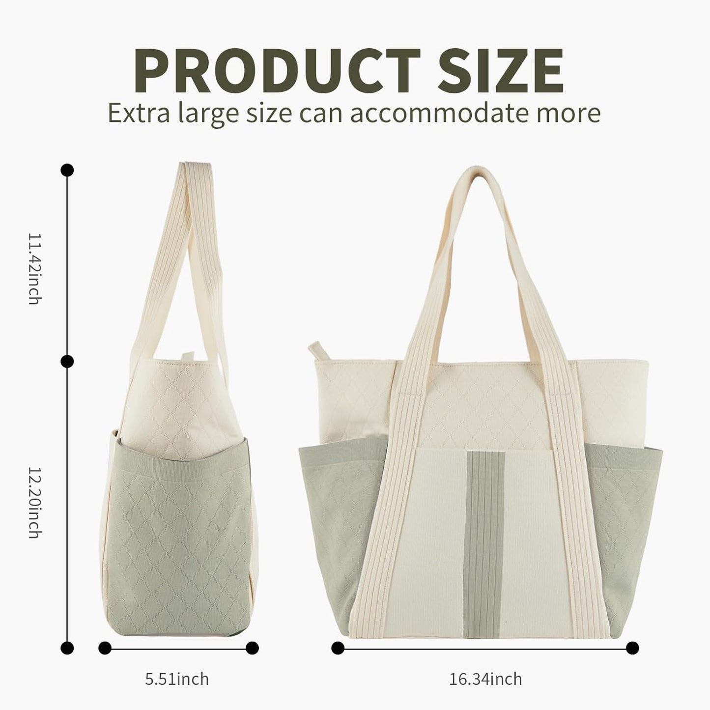 Large Canvas Tote Bag,White and Green, with Laptop Sleeve and Multiple Pockets