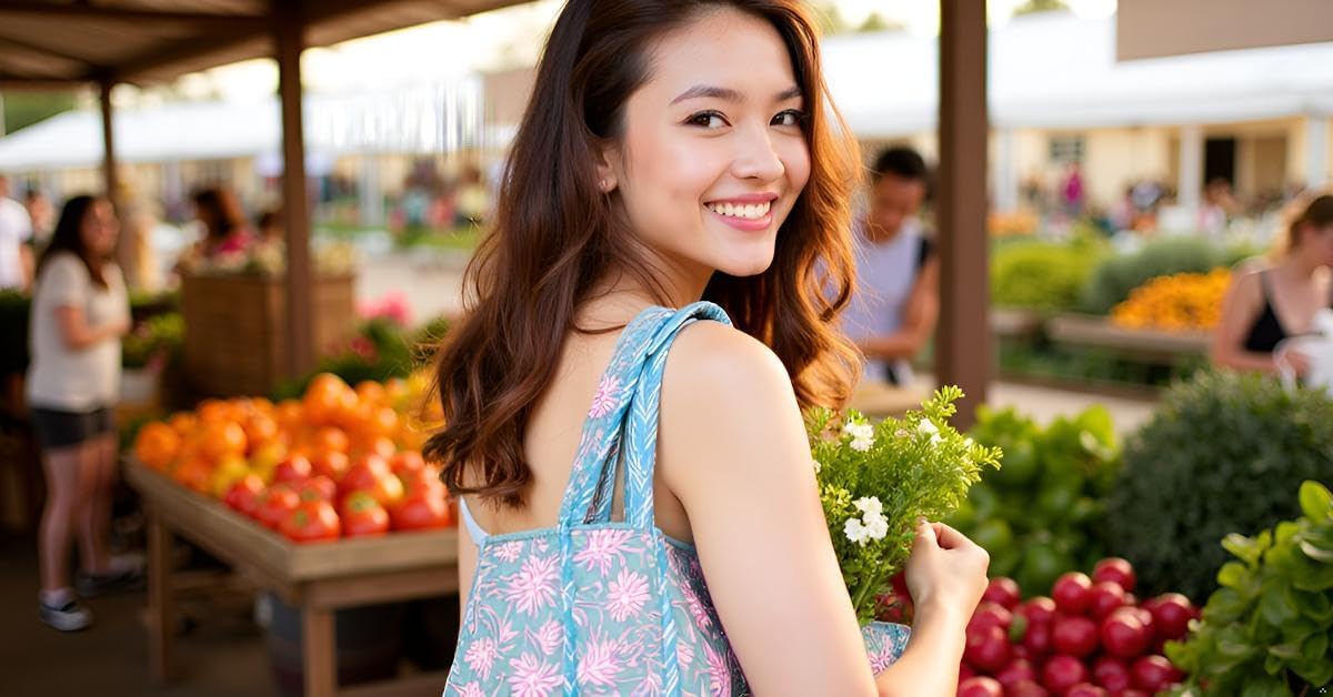 Floral Cotton Tote Bag for Women – Large Reusable Shoulder Bag for Shopping, Grocery, Beach, Travel & Everyday Use