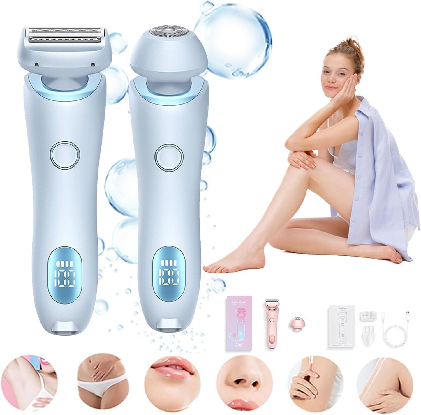 Electric Razor for Women, Rechargeable Hair Remover, Portable and Safe Lady Razor, 2 in 1 Double-Headed Waterproof Wet and Dry, Electric Bikini Trimmer for Women (Blue)