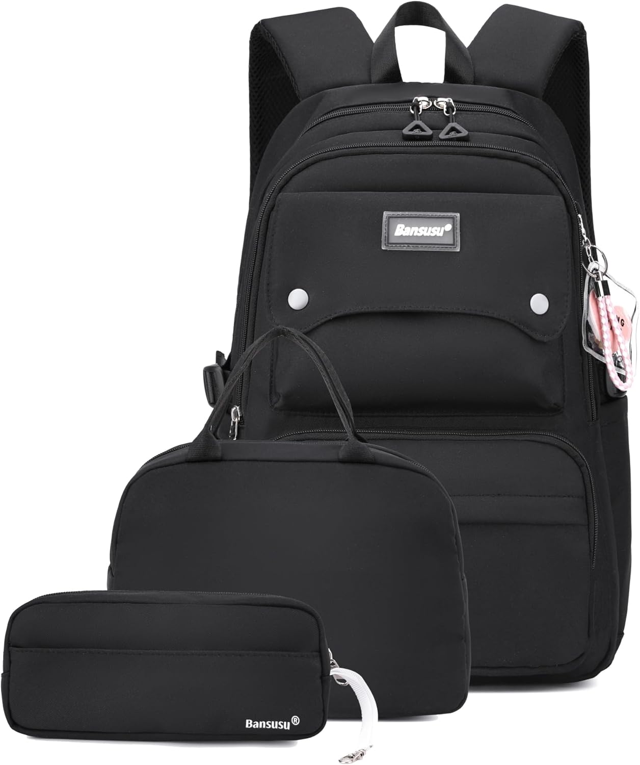 3Pcs Black Backpack for Teen Girls with Lunchbox, School Bag Girls Backpack Bookbag for Kids, Black