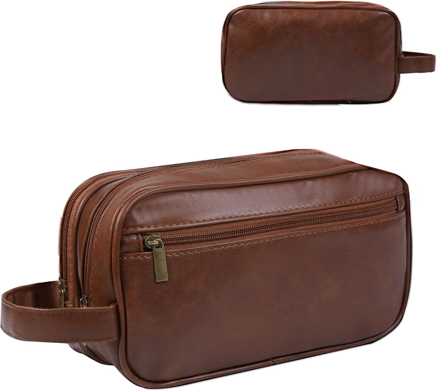 Mens travel toiletry bag, Gift For Men，PU Leather Water Resistant Cosmetic Bag Pouch Dopp Kit Shaving Bag with Large Capacity for Toiletries Accessories(Brown)