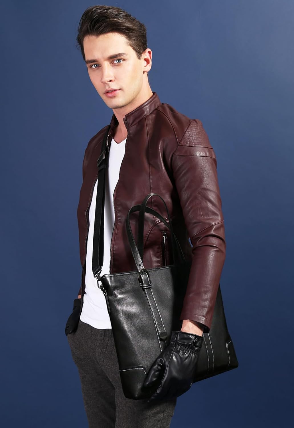 Leather handbag for men, black business briefcase, adjustable tote bag, crossbody bag vertical style