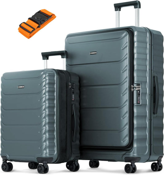 Luggage Sets 2 Pieces, 20/28 Inch PC Hardshell Suitcase with Spinner Wheels, 20 Inch Expandable Clamshell Carry On Luggage and 28 Inch Aluminum Frame Top Opening Checked Luggage (Dark Green)