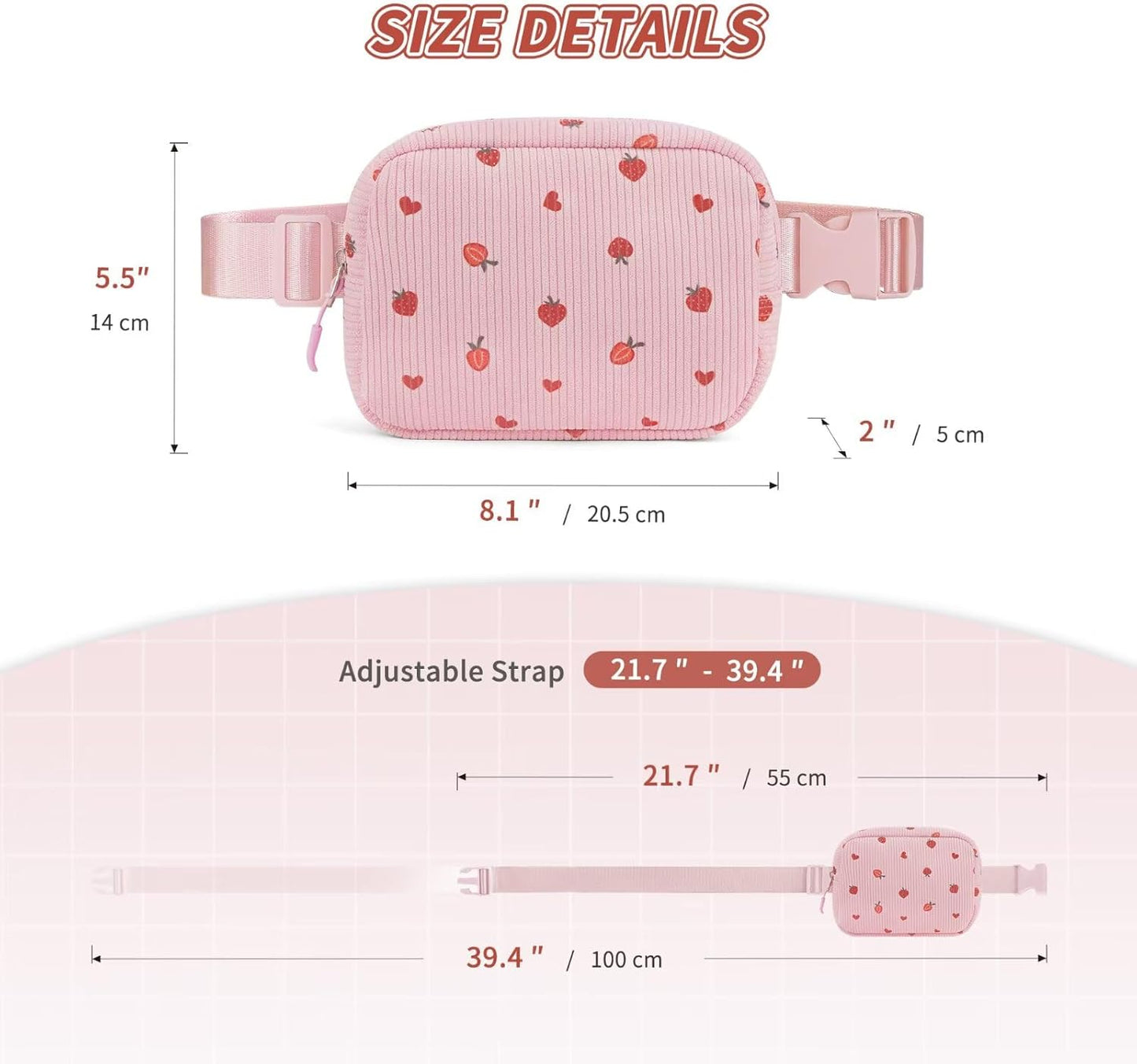 YOOLIFE Strawberry Fanny Pack for Girls - Purse for Teen Girls Kids Belt Bag Crossbody Bag Fashion Waist Pack, 4 5 6 7 8 9 10 11 12 Year Old Girl Gifts (Pink)