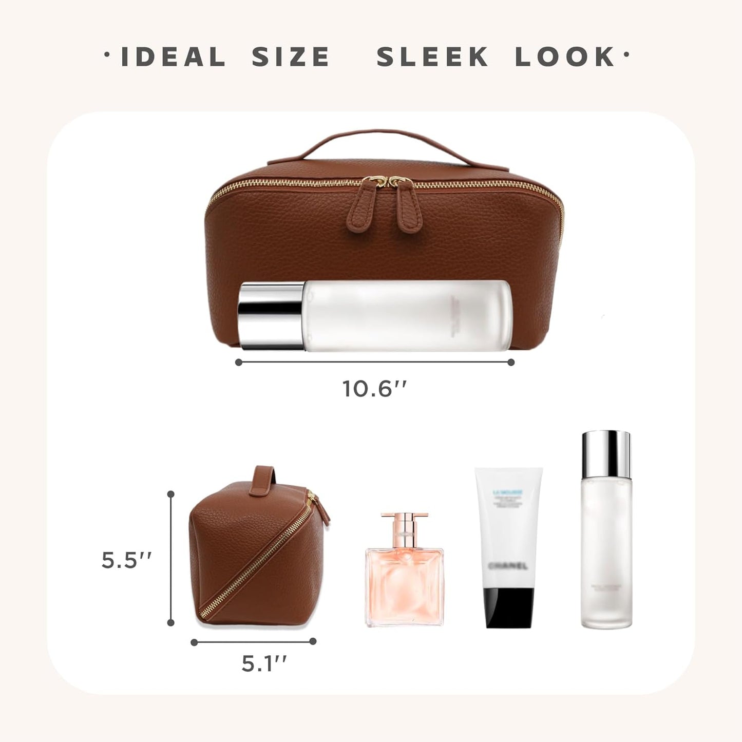 Travel Makeup Bag – Large Cosmetic Organizer with Waterproof PU Leather, Smooth Double Zipper & Tear-Resistant Lining, Toiletry Pouch for Women (Brown)