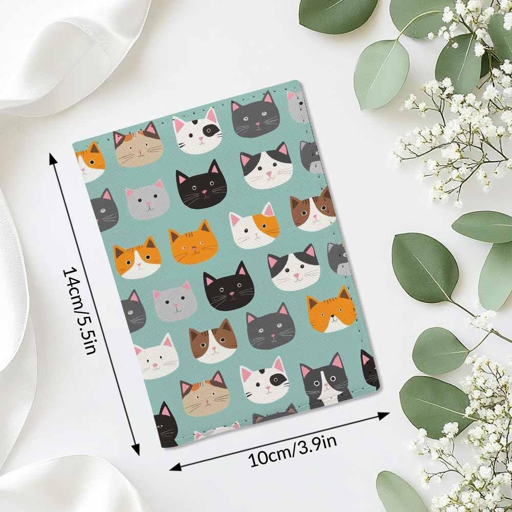Cat Faces Passport Holder for Travel Tabby Kitten Grey Black White Yellow PU Leather Passport Cover Wallet Cute Passport Card Holder for Women and Men