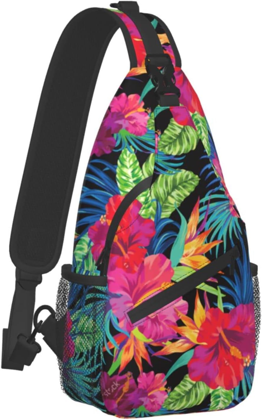 Tropical Hawaiian Flower Sling Bag Crossbody Travel Hiking Chest Backpack Shoulder Daypack for Men