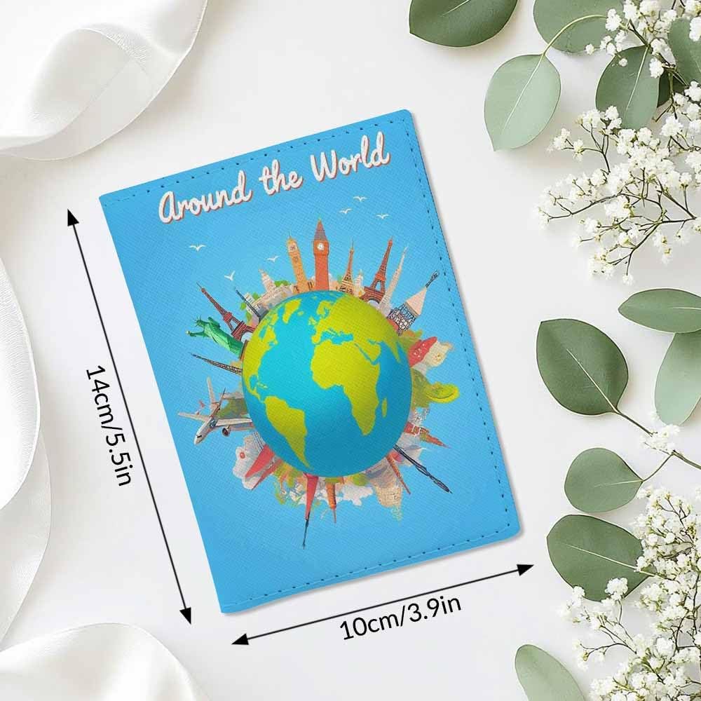 Travel to World Passport Holder for Travel Road Trip Landmarks on the Globe PU Leather Passport