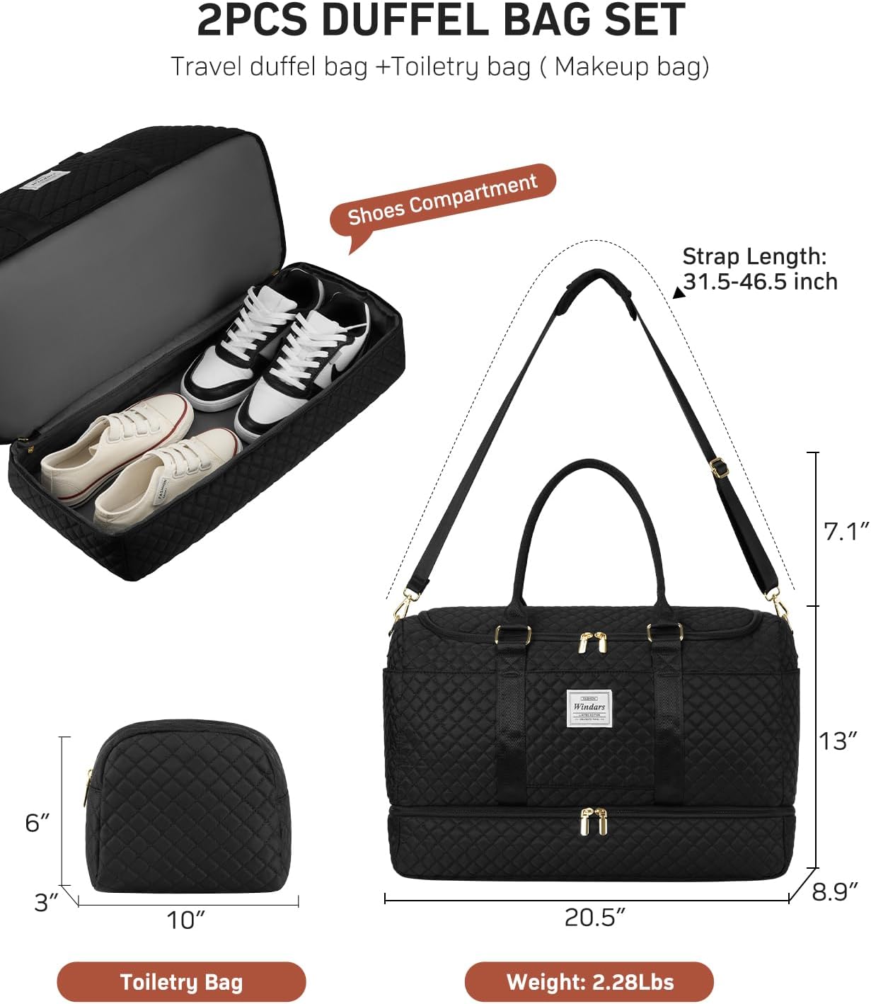Travel Duffle Bag, Weekender Bags for Women with Shoe Compartment, Overnight Bag with Toiletry Bag, Carry On Duffel Bags For Airplanes, Yoga Gym Duffel Bag, Black
