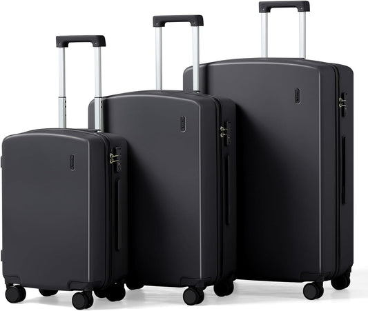 Hanke Hard Shell Luggage Sets 3 Pieces, Carry On and Checked Luggage Sets with Spinner Wheels, Durable PC Hardside Rolling Suitcase for Travel (20/24/28 Inch, Jet Black)