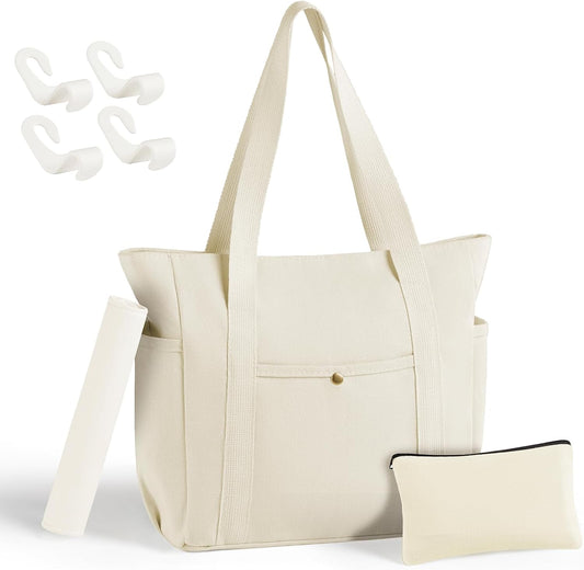 MeZQ Zippered Canvas Utility & Travel Tote Bag for Women - Multi-Pocket Compartments | car bag hooks,makeup bag,car hooks