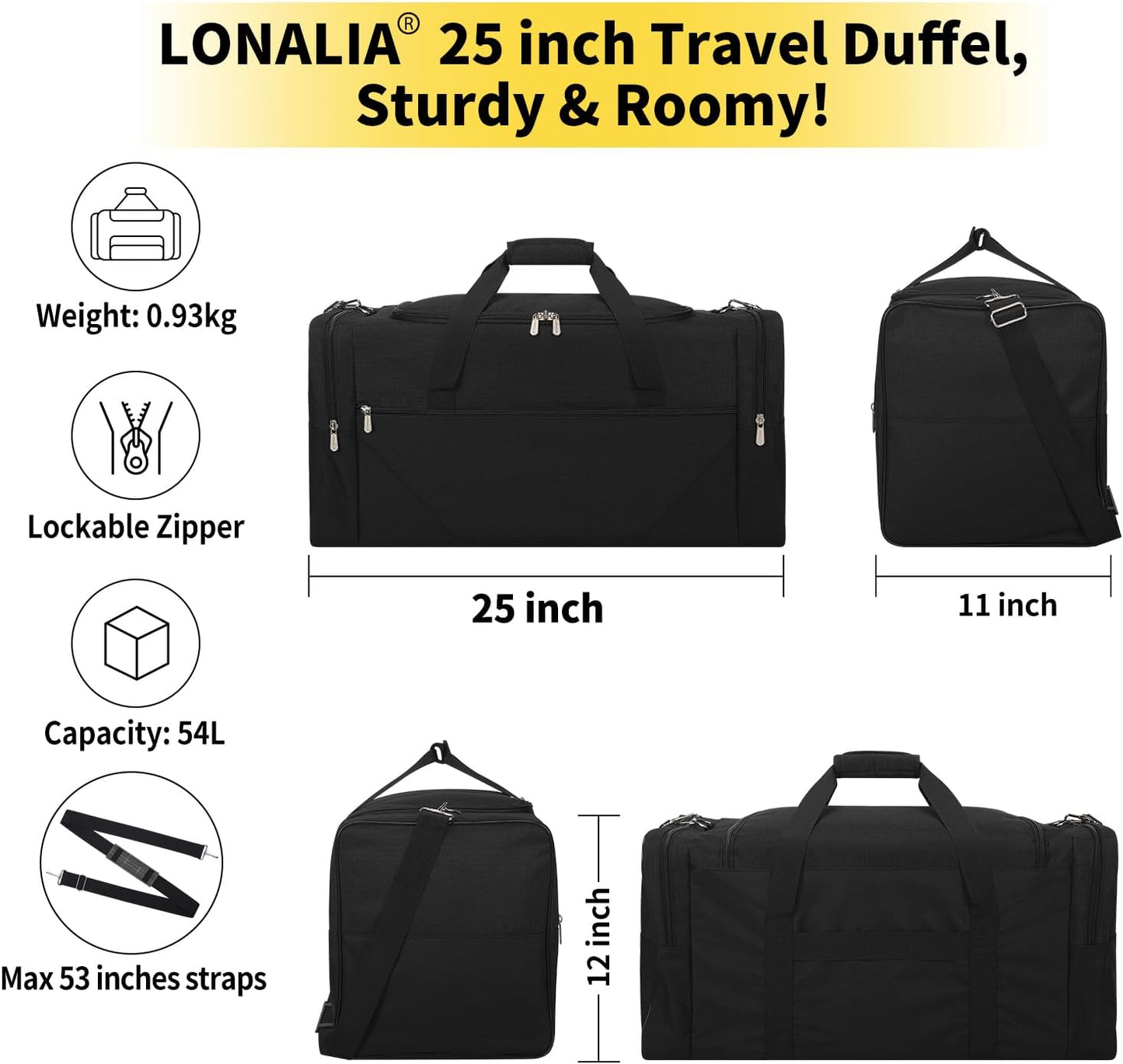 25 in Large Travel Duffel Bag for Men - 56L Roomy Weekender Bag with Trolley Sleeve (Black)